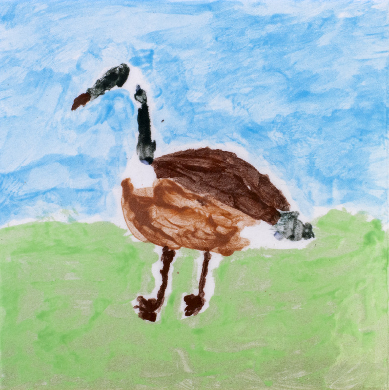 Painting of Canada Goose in grass with blue sky.
