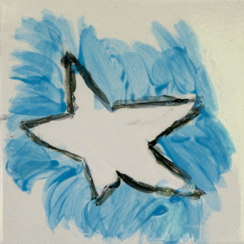 Painting of a white star outlined in dark lines, set against a light blue background.