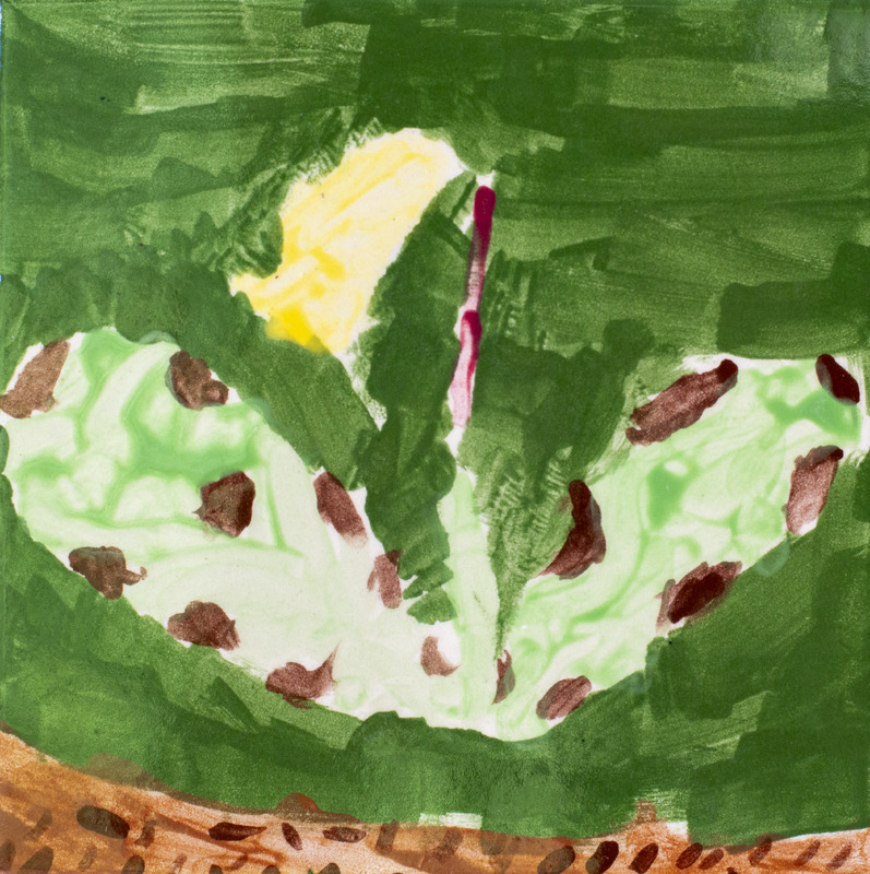 Painting of a yellow trout lily flower with green leaves and brown speckles against a green background.