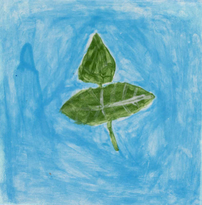 Painting of a green leaf with three prongs in front of a light blue background.