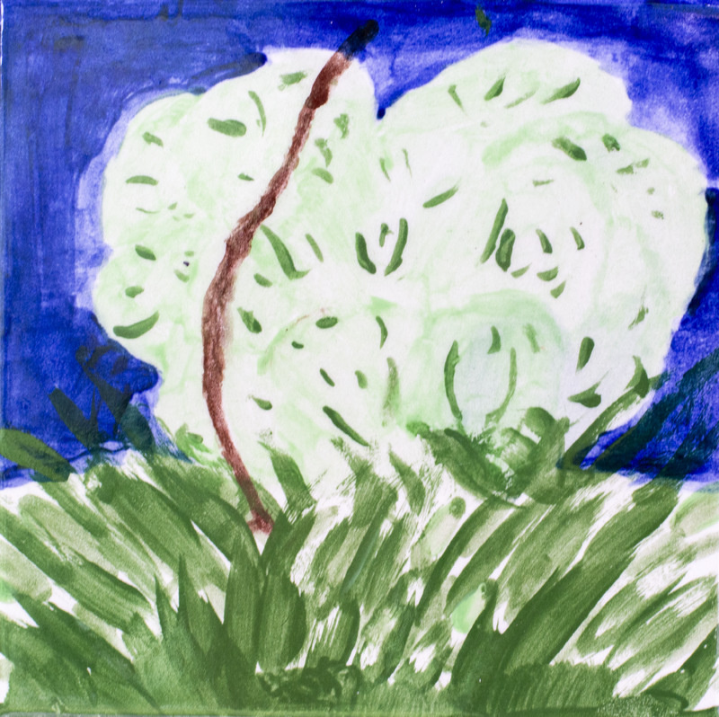Painting of a green osage orange on the ground with a blue background.