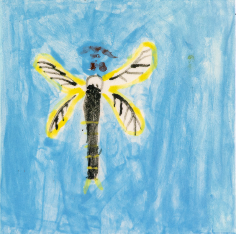 Painting of a black and yellow dragonfly with four wings outlined in yellow against a bright blue sky background.