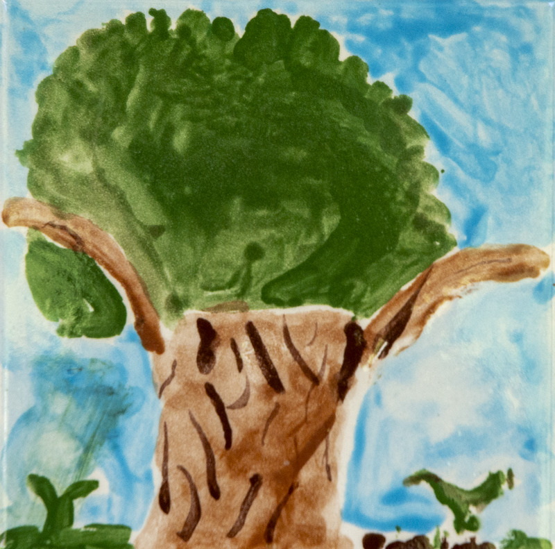 Painting of a tree with a thick brown trunk and a large green leafy canopy against a blue sky.