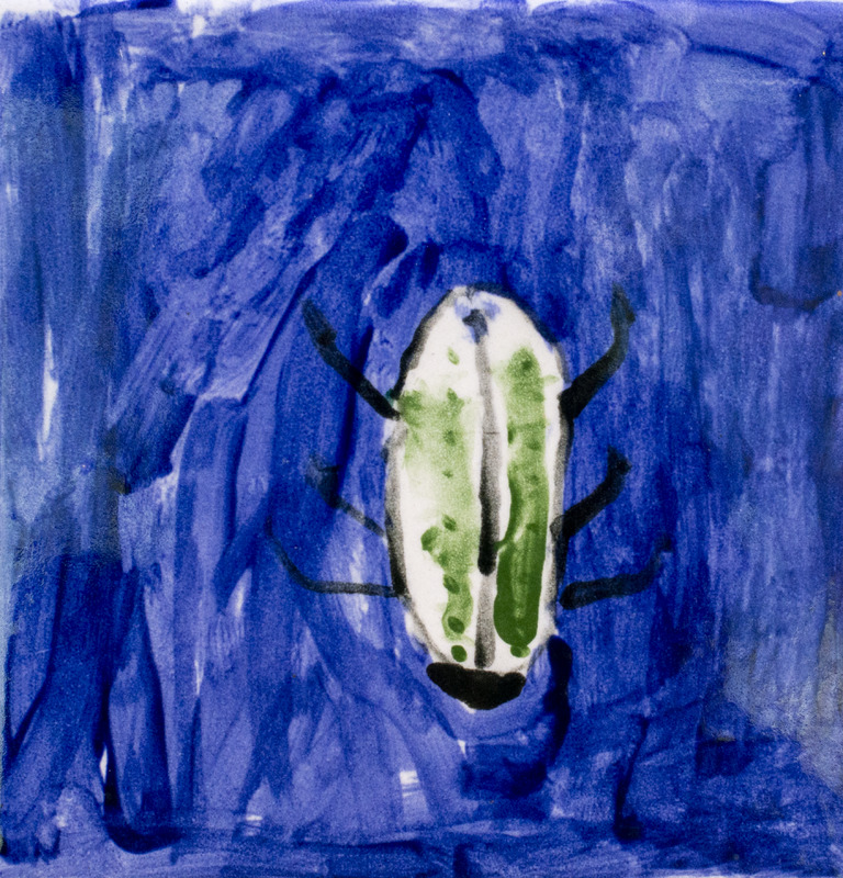 Painting of a green water beetle with six black legs, swimming in dark blue water.