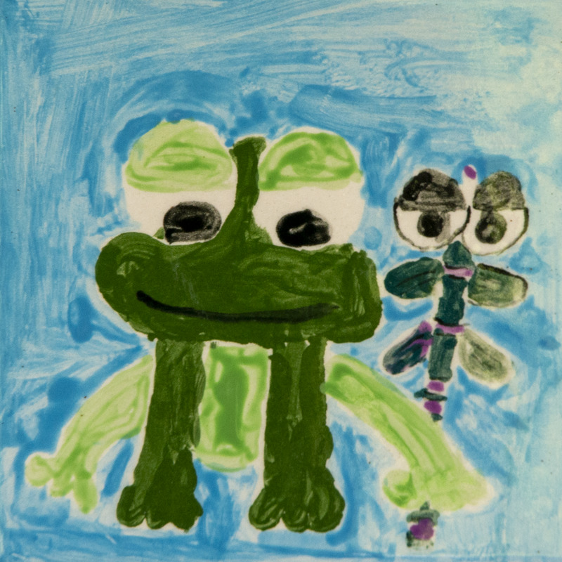 Painting of a green frog with big eyes beside a dragonfly nymph, set against a blue background.