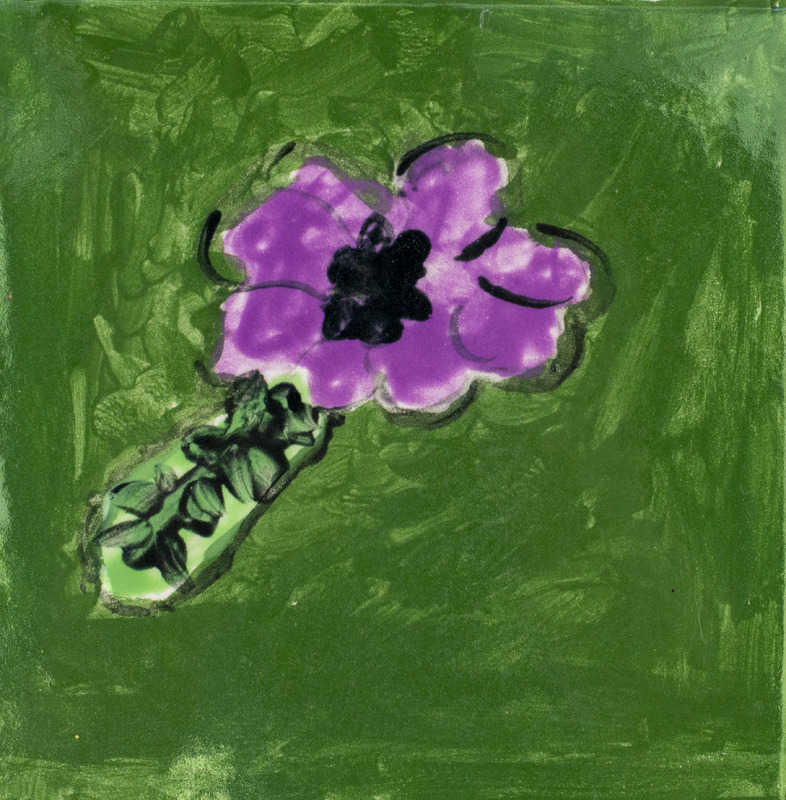 Painting of a purple flower in front of a dark green background.