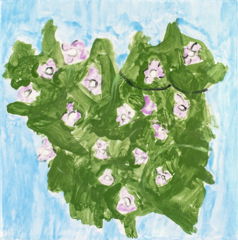 Painting of a green bush with pink flowers in front of a blue background.
