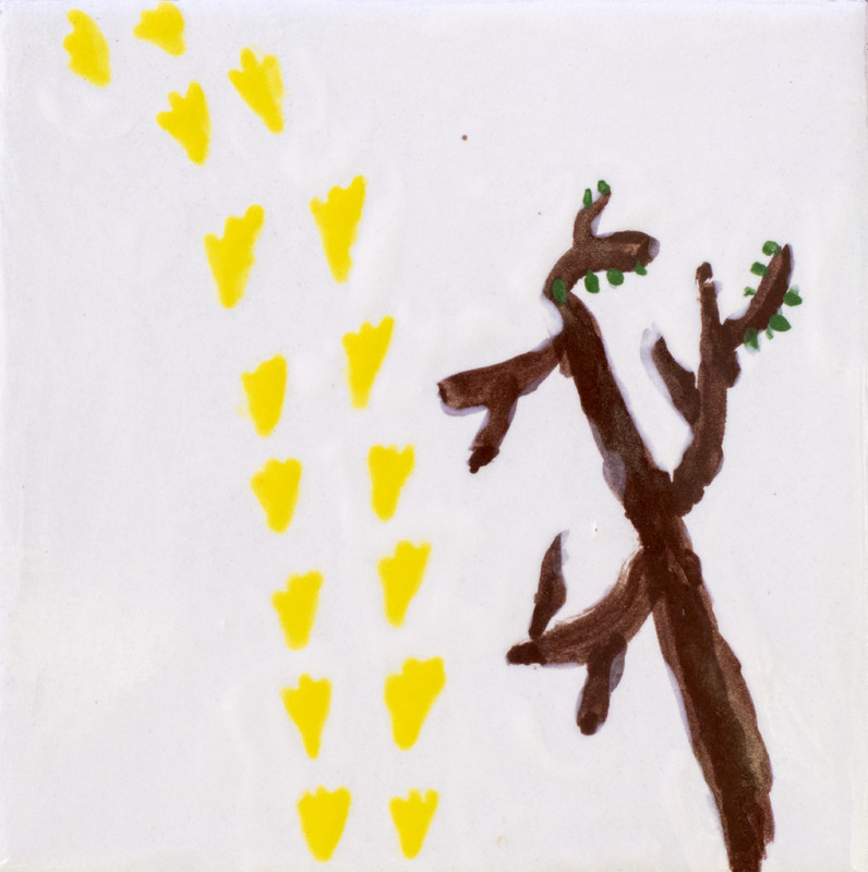 Painting of yellow tracks in snow near tree.