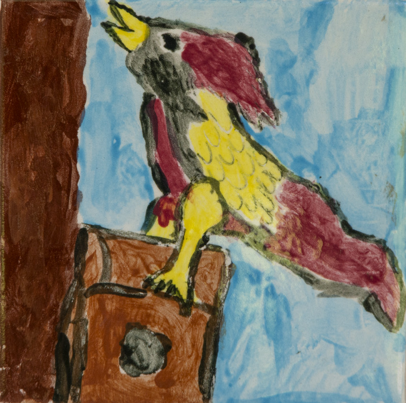 Painting of a red and yellow bird on top of bird house on a tree.