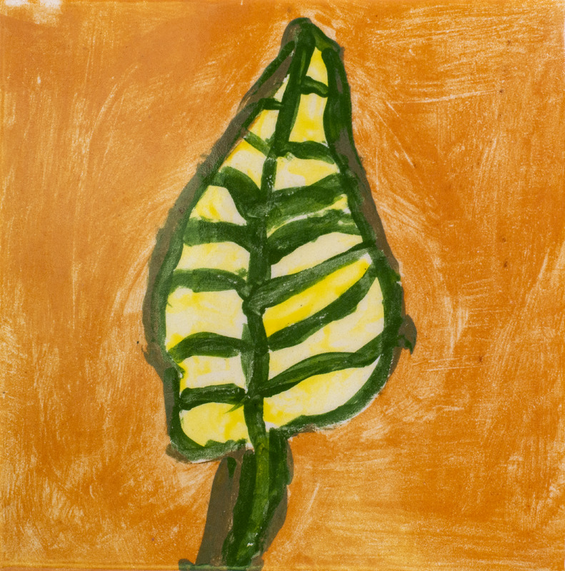 Painting of a yellow leaf with green veins, against an orange background.
