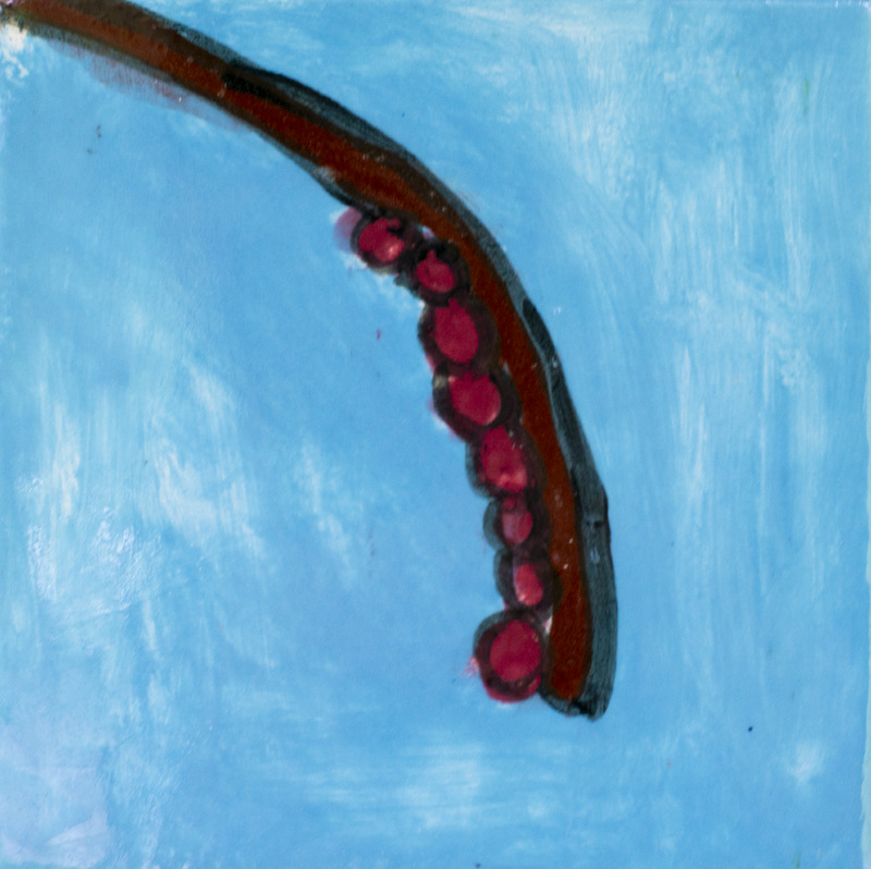 Painting of a brown branch with red berries on the end, in front of a blue background.