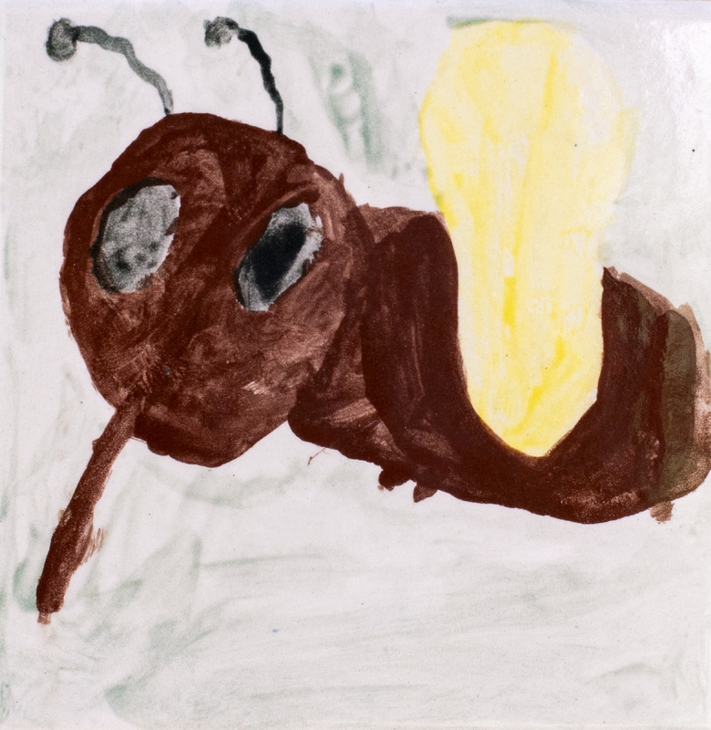 Painting of brown mosquito with yellow wing against gray background.