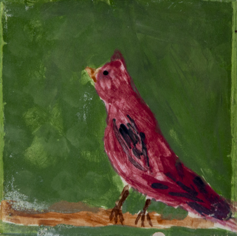 Painting of maroon-colored bird with a yellow-brown beak, perched on a brown branch against a green background.