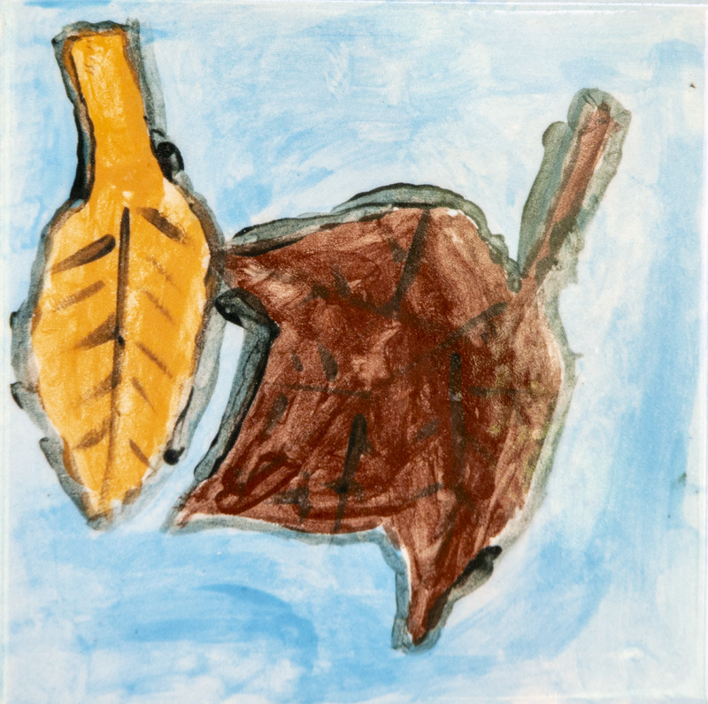 Painting of two large leaves, one yellow and one brown, outlined in dark lines against a light blue background.