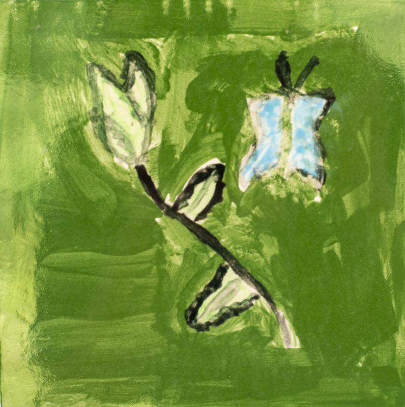 Painting of a white flower with a black stem in a field of grass and a butterfly flying over.