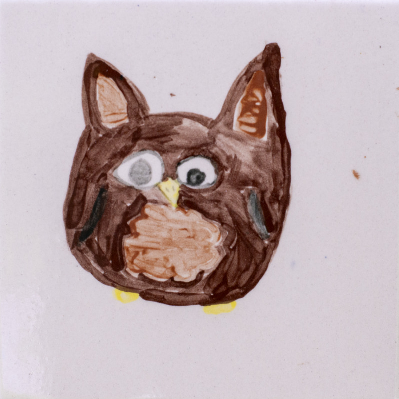 Painting of a brown owl’s face with large round eyes, a small yellow beak, and pointed ears.