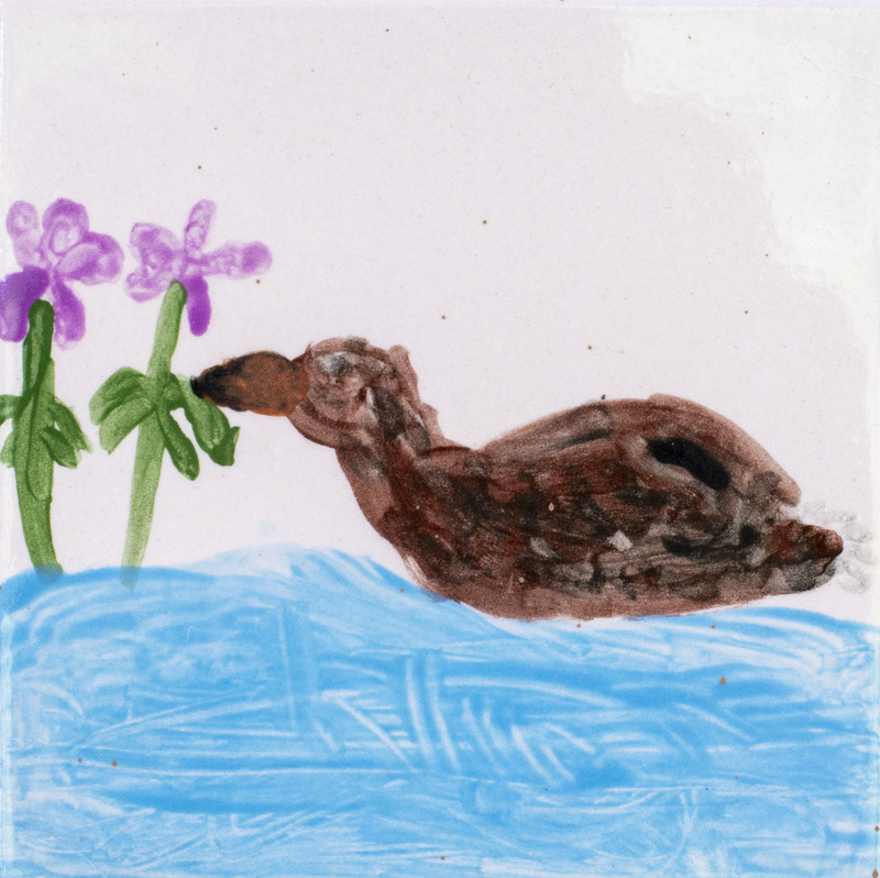 Painting of a brown duck swimming up to two pink flowers.