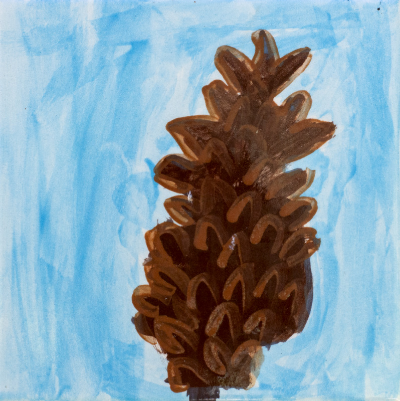 Painting of pinecone with blue background.