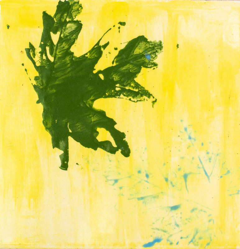 Two green and blue leaf prints against yellow painted background.