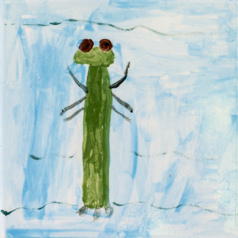 Painting of a green damselfly with big red eyes, swimming in blue water.