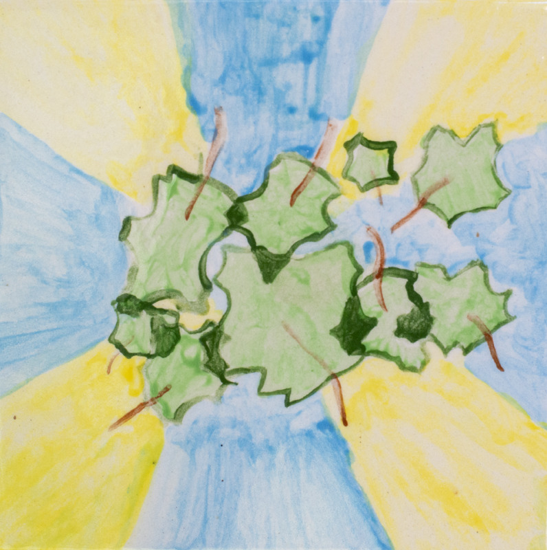 Painting of a pile of green leave with brown stems in front of a blue and yellow striped background.