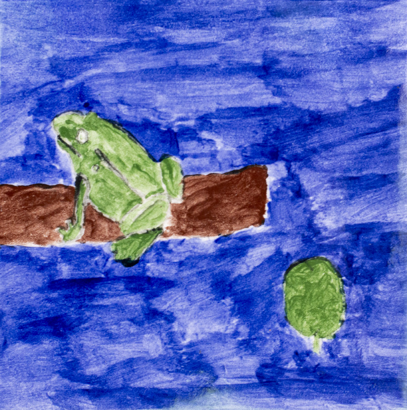 Painting of green frog sitting on log in water with lilypad against blue background.