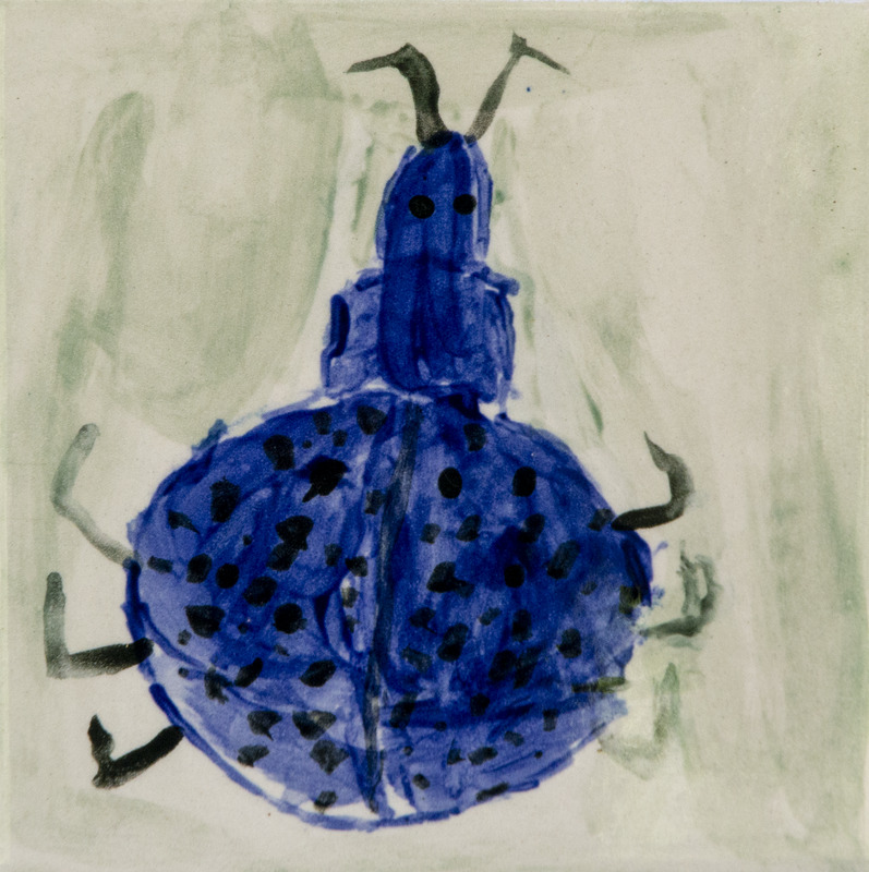 Painting of a blue bug with black spots, six legs, and antennae.