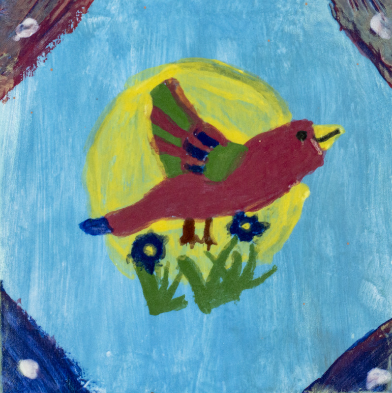 Painting of a red bird with green and blue wings. The bird is flying over flowers in front of a sunny, blue sky.