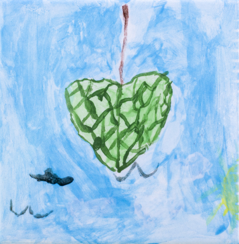 Painting of green heart-shaped leaf.