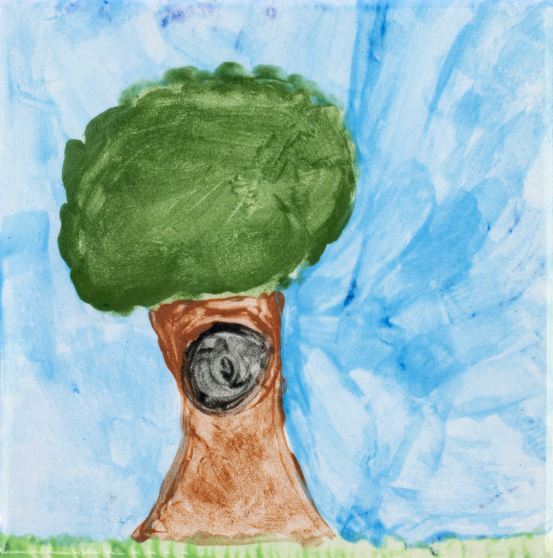 Painting of a tree with a full crown and black cavity against a blue background.