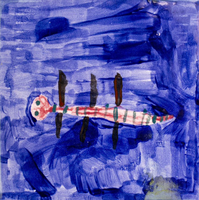 Painting of a rose-colored insect over a dark blue background.