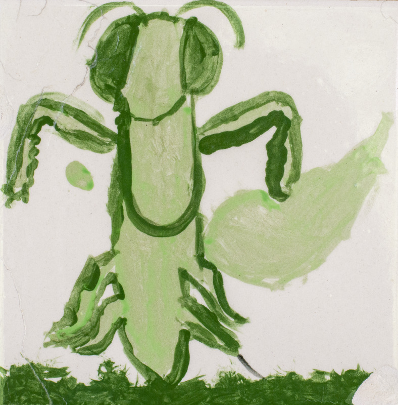 Painting of a green praying mantis on grass with a white background.
