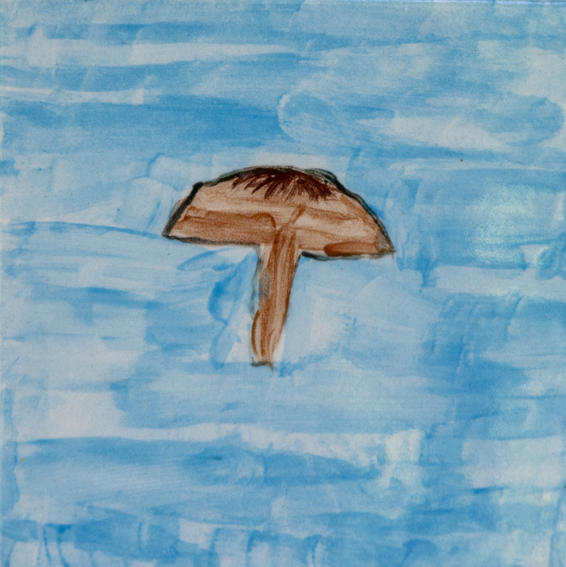 Painting of a brown mushroom with a rounded cap and thin stem, set against a light blue background.