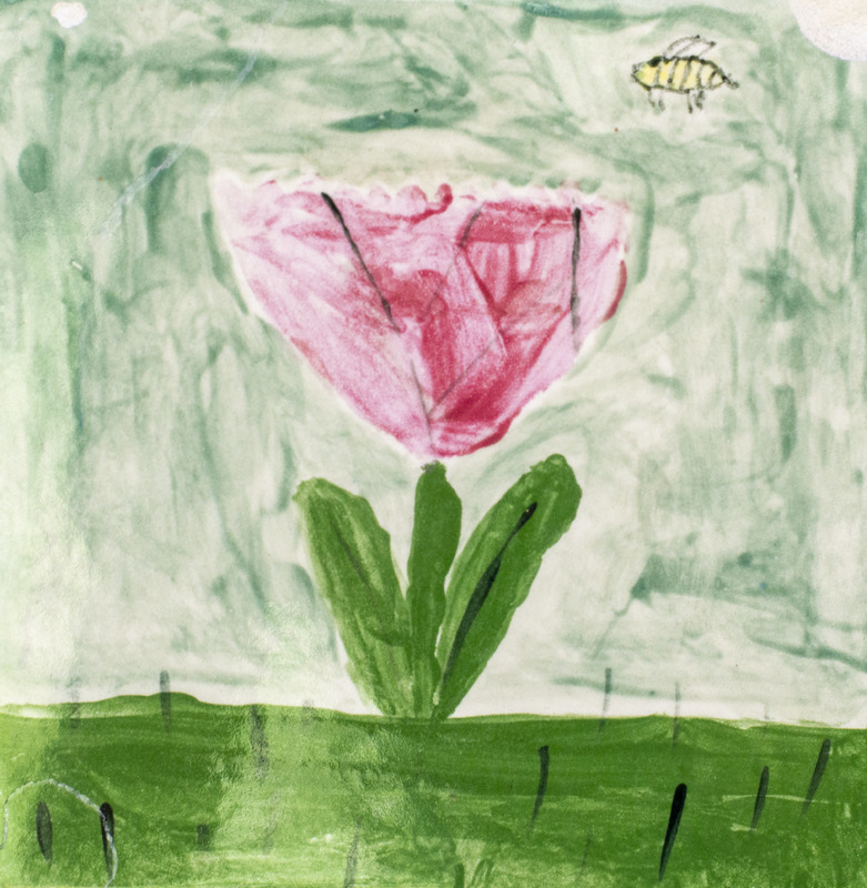 Painting of a pink flower growing from the grass with a yellow bee flying over, and it is in front of a blue sky.