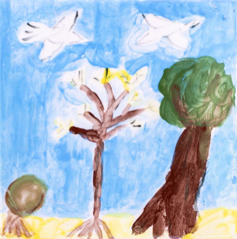 Painting of two trees, one leafy and one bare, under a blue sky with white birds flying above.