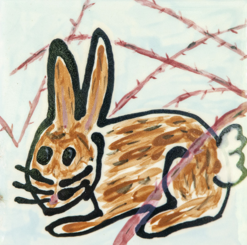Painting of a brown rabbit with long ears and whiskers, resting among pink tree branches.