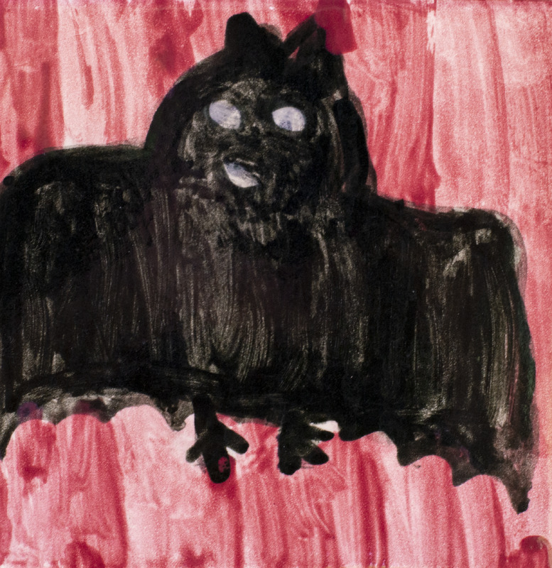 Painting of a black bat with a red background.