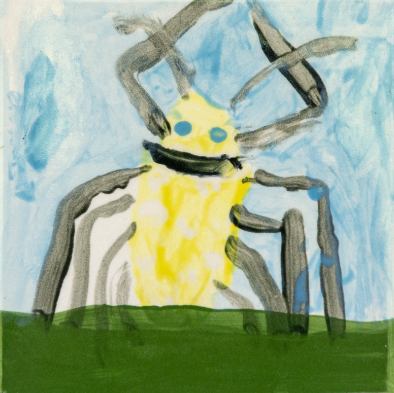 Painting of a yellow insect on white background.