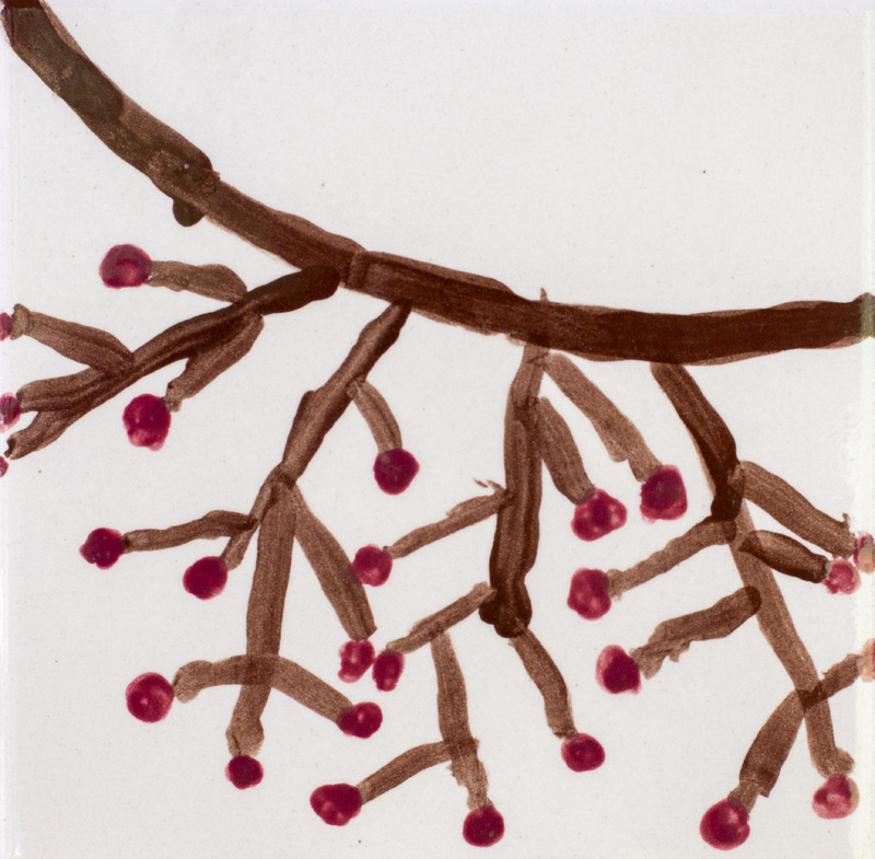 Painting of tree branches with red berries against white background.