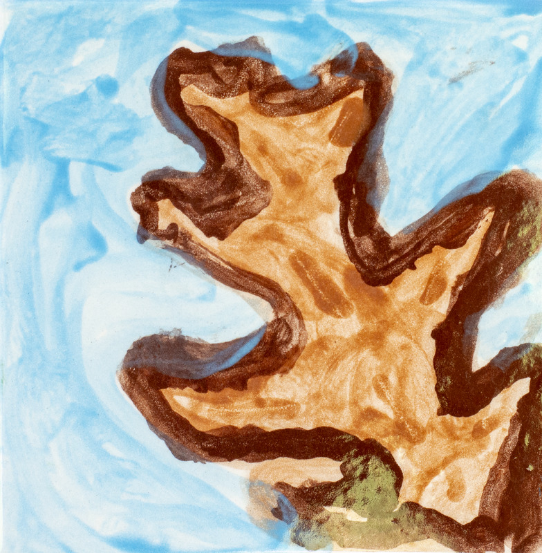 Painting of an orange and brown oak tree leaf in the bottom right corner, and in front of a blue background