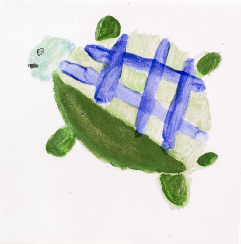 Painting of a green turtle with a light shell and blue crisscross pattern, with small green legs and a pale head.