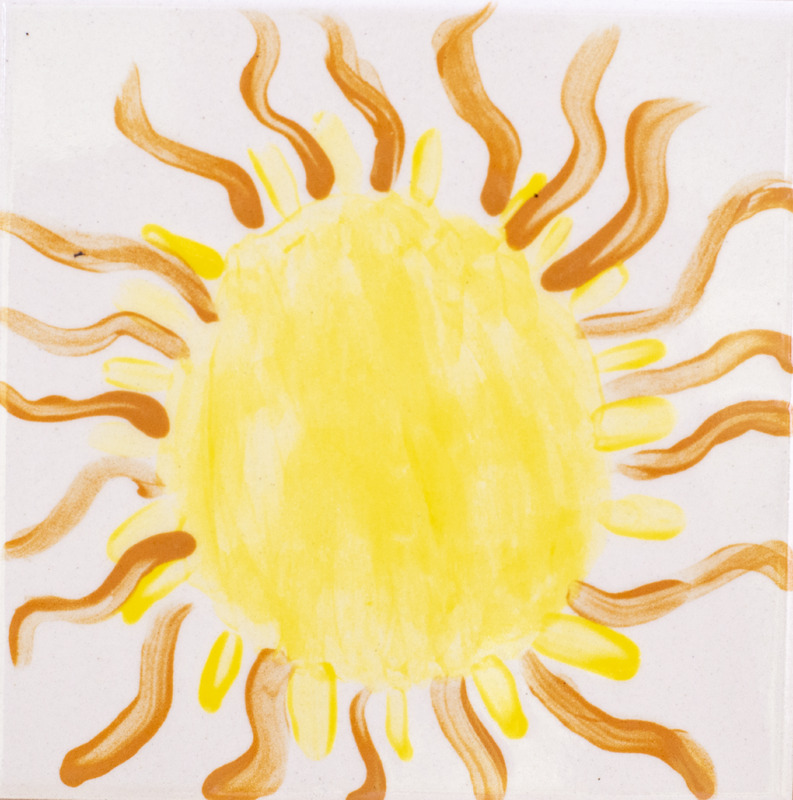 Painting of a bright yellow sun with wavy orange rays spreading outward on a white background.