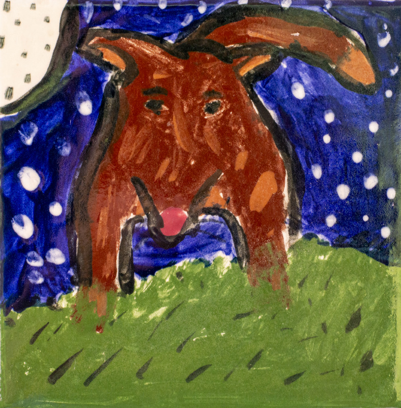 Painting of a brown squirrel in green grass in front of a night sky with the moon in the top left.