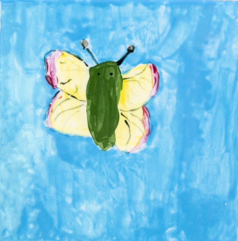 Painting of butterfly with yellow wings and green body against blue background.