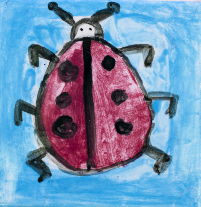 Painting of red ladybug against blue background.