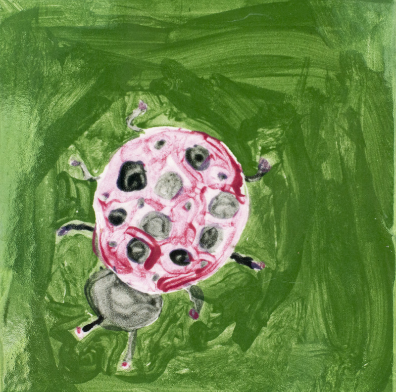 Painting of a red ladybug with black spots in front of a green background.