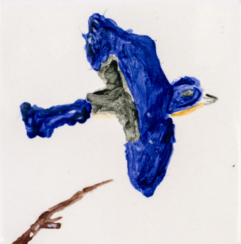 Painting of blue bird with yellow belly flying against white background.