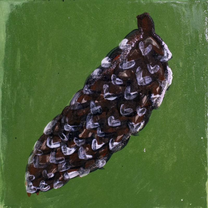 Painting of a dark brown pinecone with white edges in front of a green background.
