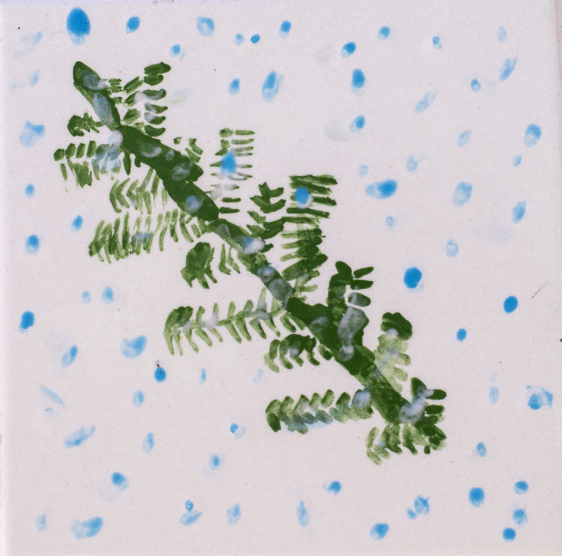 Painting of a green coniferous tree branch in blue and white snow.