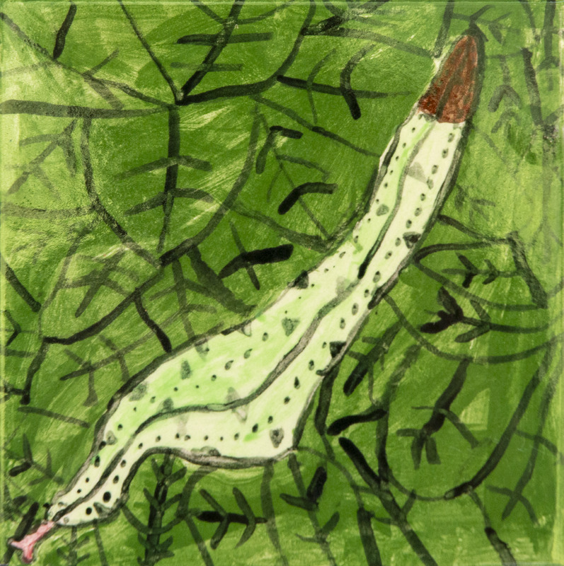 Painting of a green garter snake with dark spots, slithering through leaves.